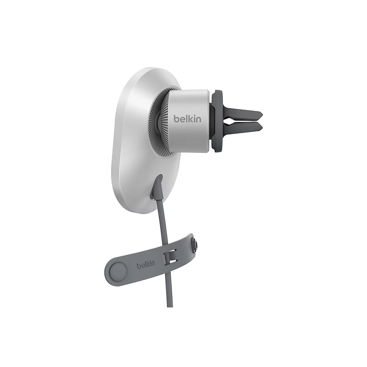 Support de téléphone de voiture gris, marque Belkin, avec fixation d'aération.