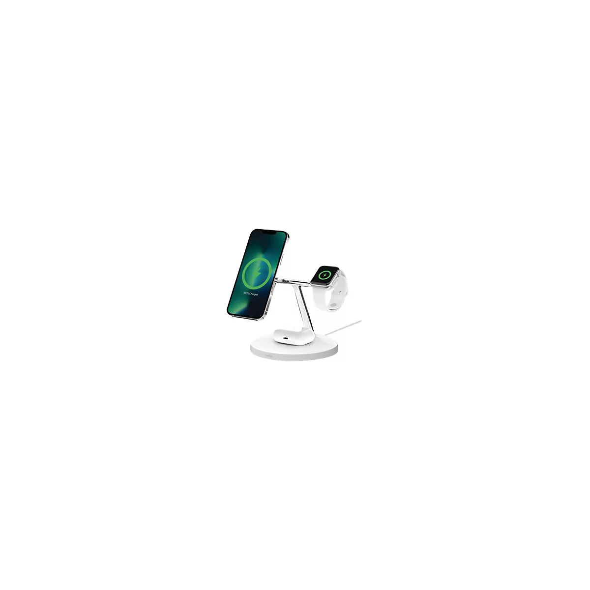 Weiße 3-in-1-Ladestation mit einem iPhone, einer Apple Watch und AirPods auf einer runden Basis.