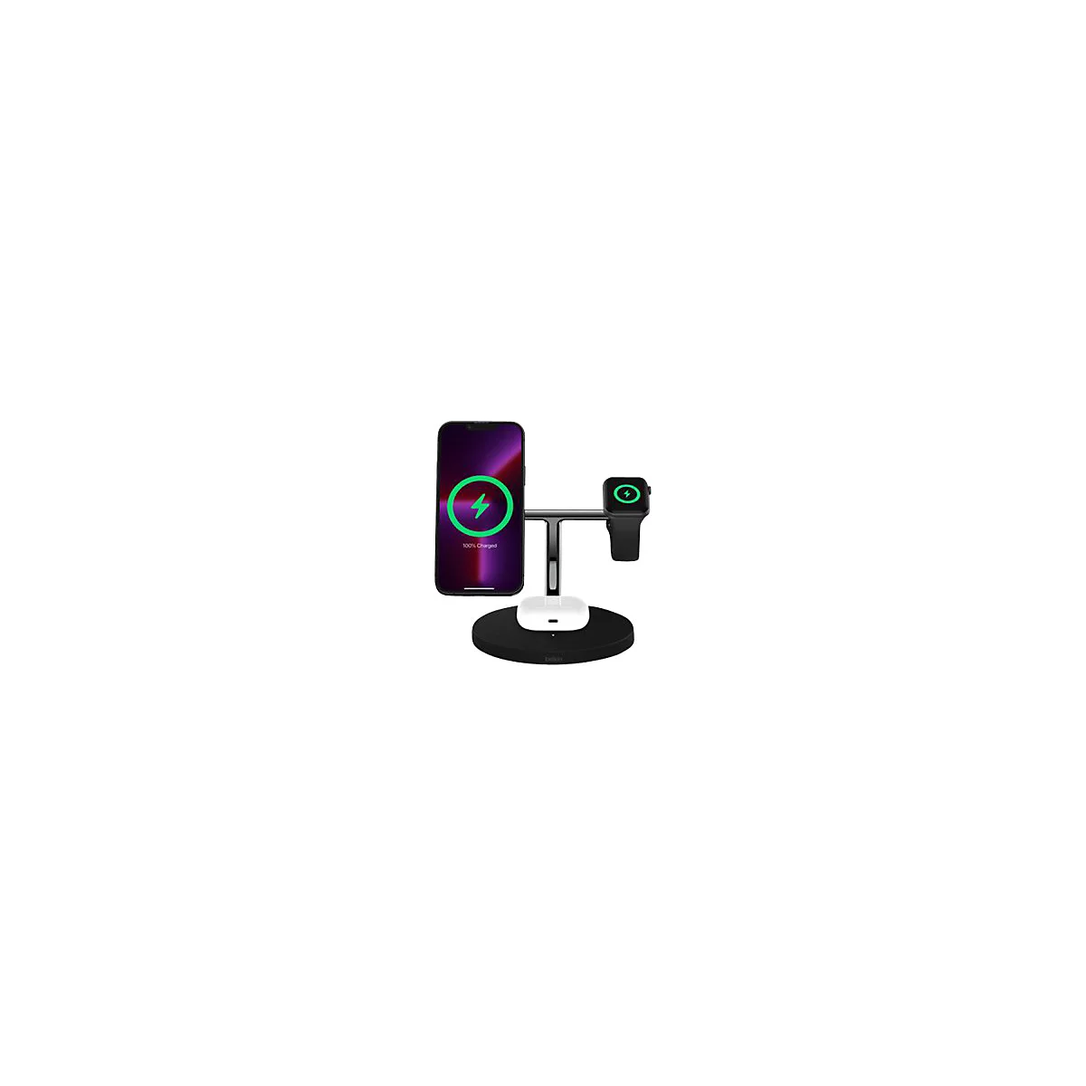 Schwarze 3-in-1 Ladestation von Belkin lädt iPhone, Apple Watch und AirPods gleichzeitig auf.