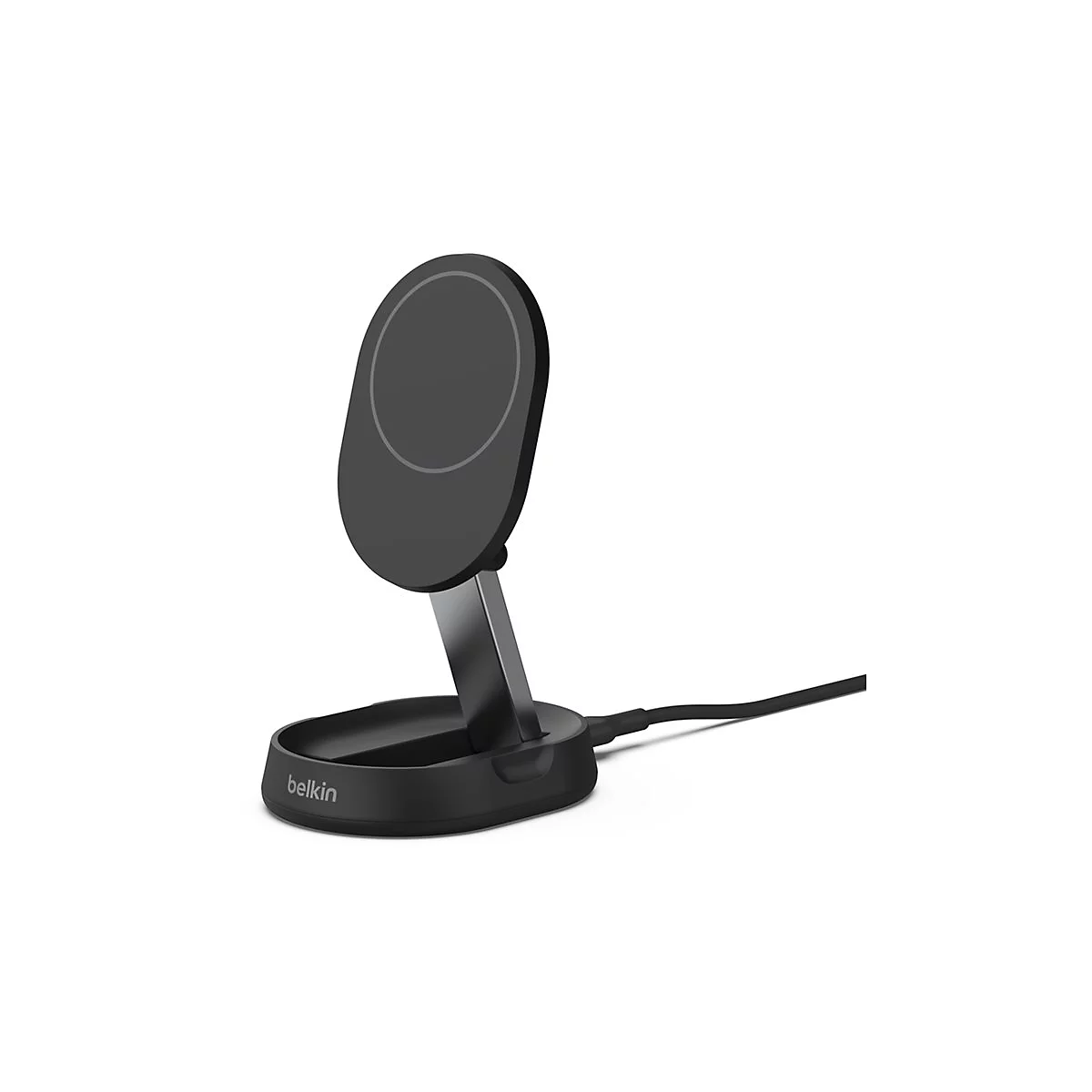 Schwarze kabellose Ladestation mit Belkin-Logo. Aufrechtes, ovales Design mit schwenkbarem Arm und Kabel.