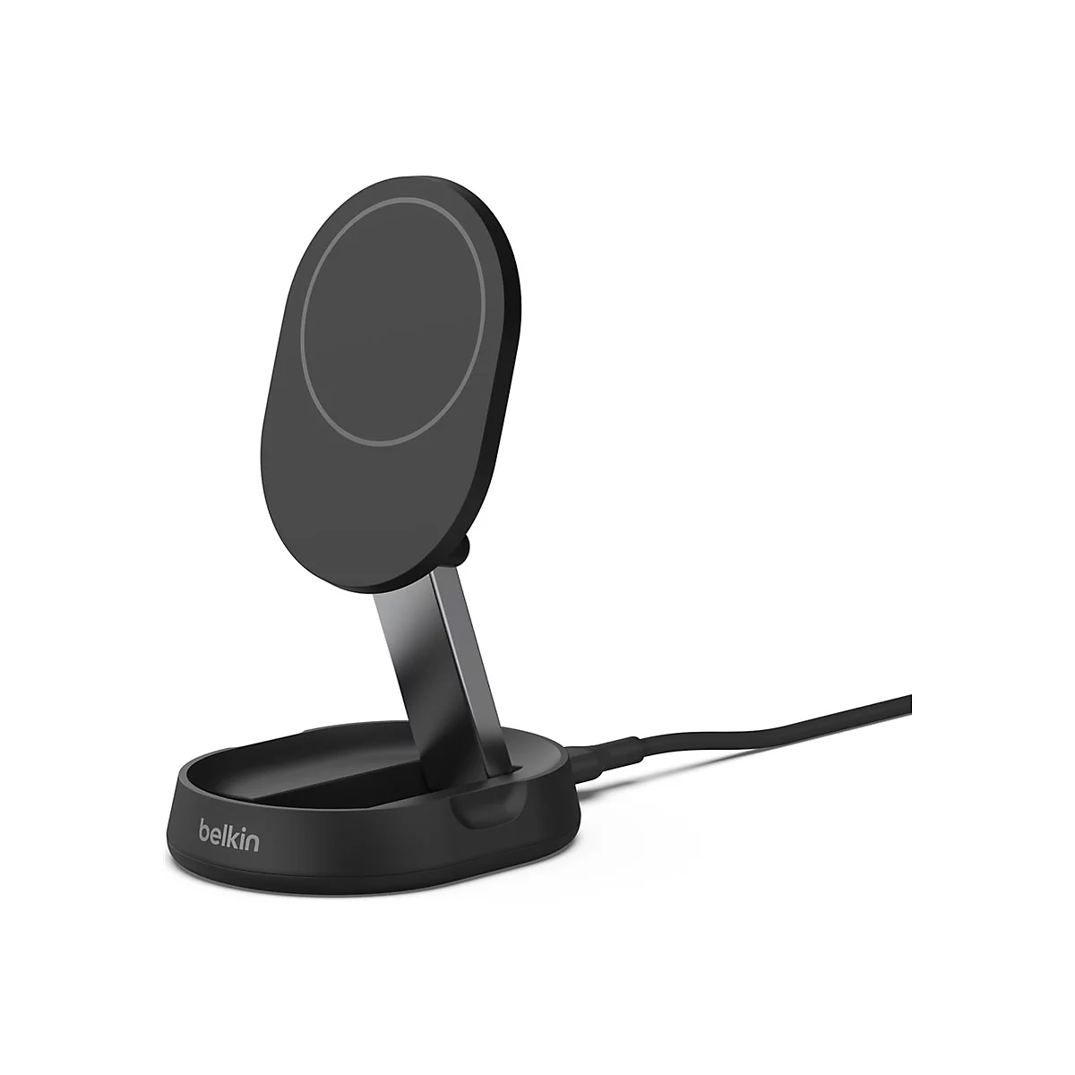 Support de charge sans fil noir avec logo Belkin. Il a une tête ovale reposant sur un support et une base.