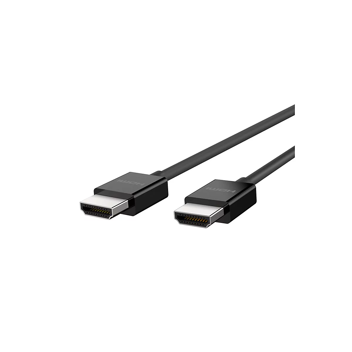 Zwei schwarze HDMI-Kabel mit Steckern; Schriftzug 'HDMI' ist sichtbar.