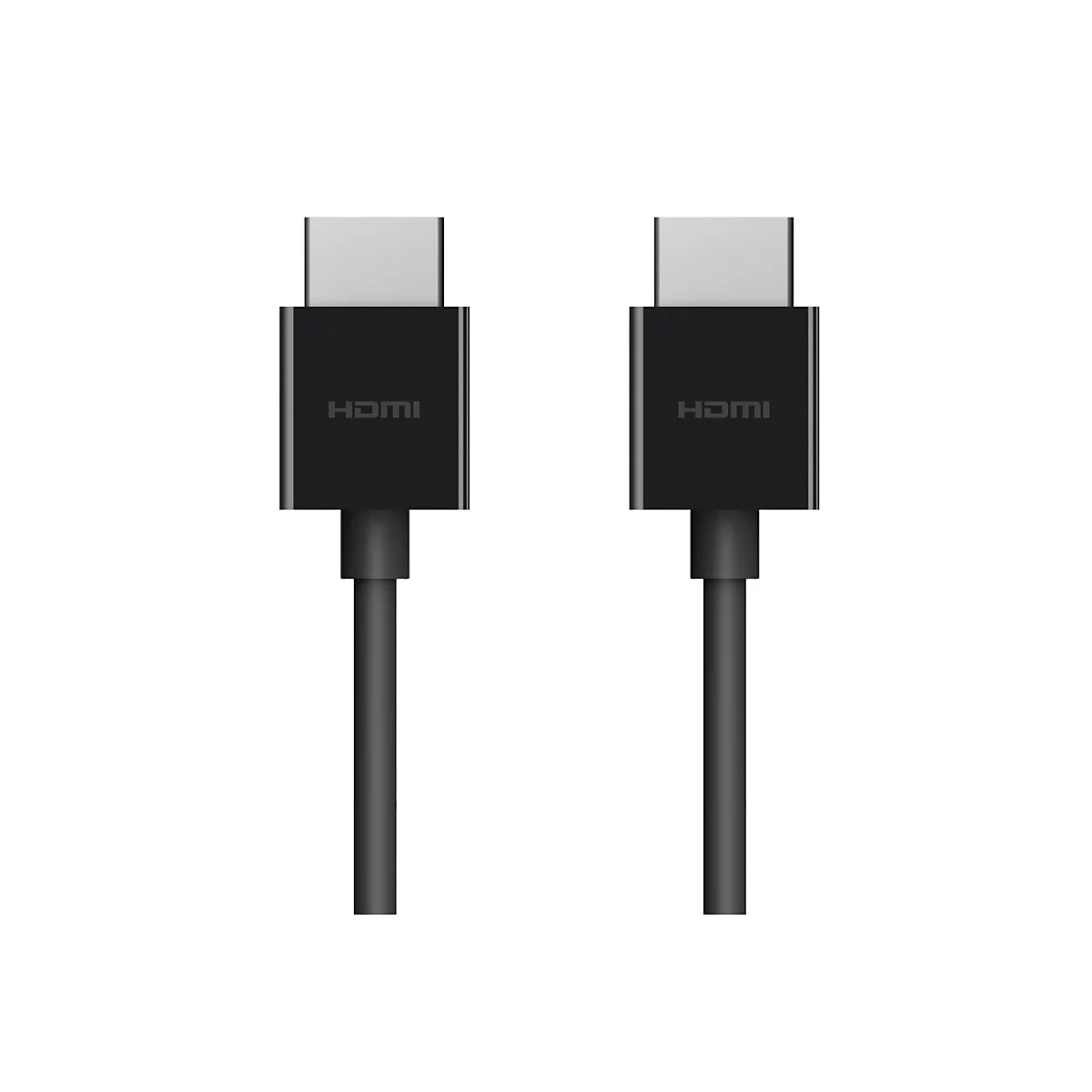 Zwei schwarze HDMI-Kabel mit grauen Steckern, vor weißem Hintergrund.