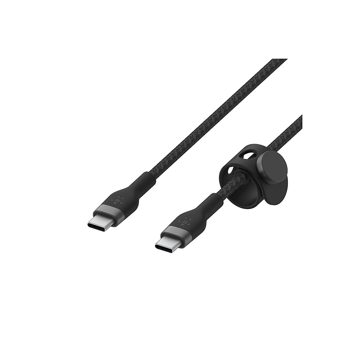 Ein schwarzes USB-C-Kabel mit geflochtenem Muster, mit einem Kabelhalter.