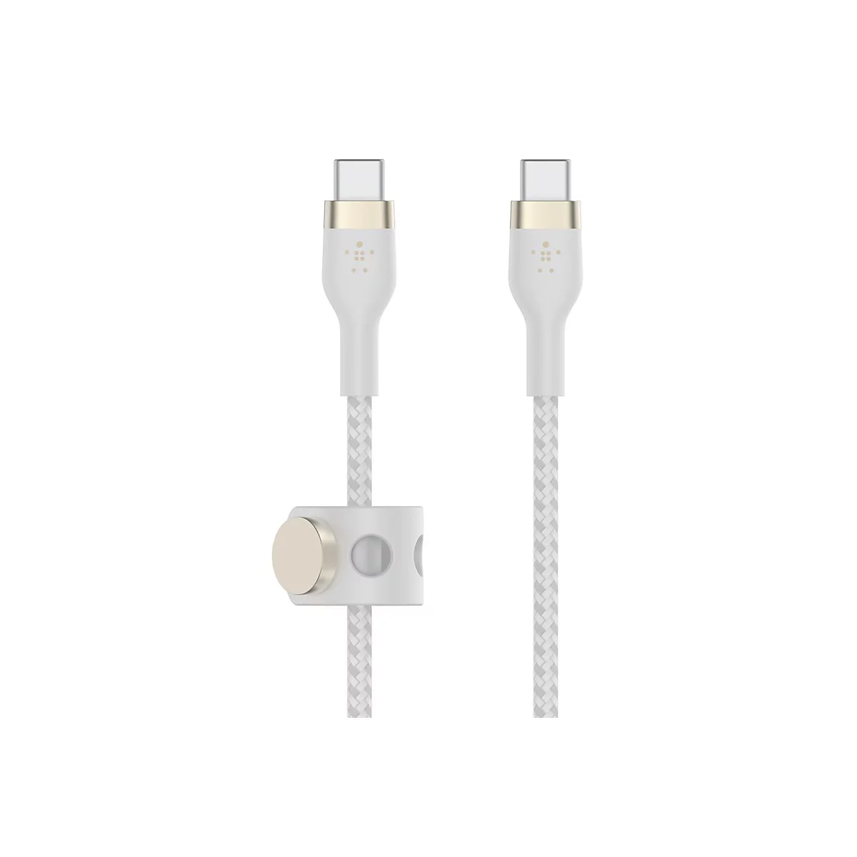 Zwei weiße USB-C-Kabel mit goldenen Enden und einem Magnetclip in der Mitte.
