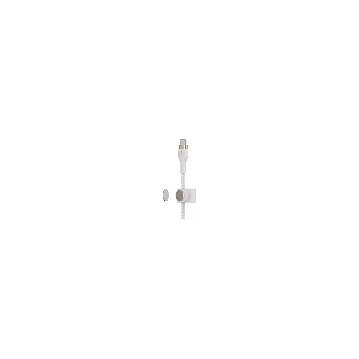 Weißes USB-C-Kabel mit geflochtenem Muster, zusammen mit zwei runden Magneten, die an einer Halterung befestigt sind.