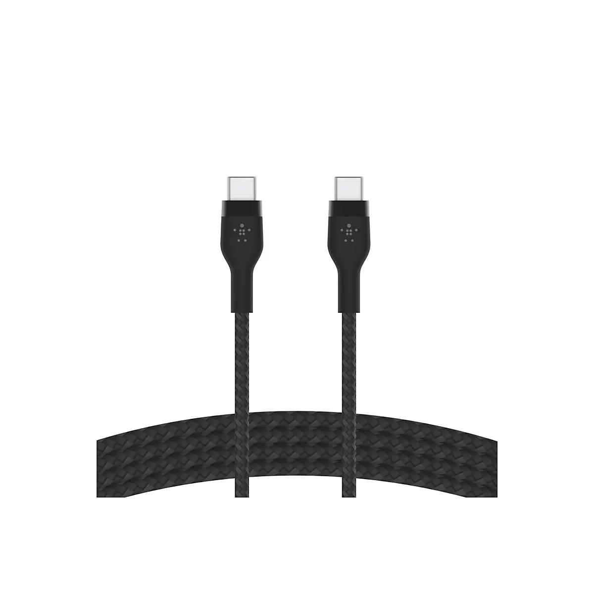 Schwarzes USB-C-Kabel mit geflochtener Textur, das auf weißem Hintergrund dargestellt wird.