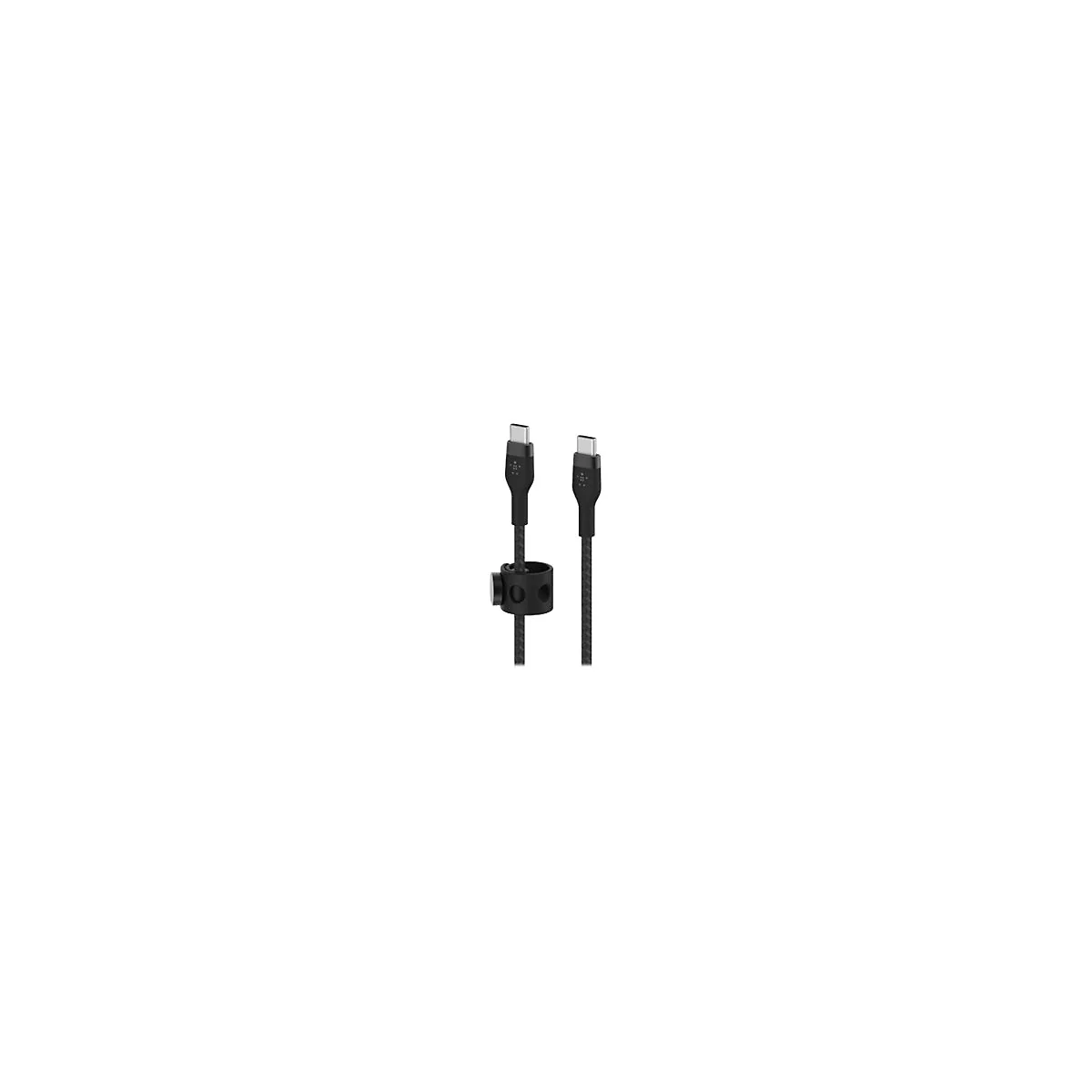 Zwei schwarze USB-C-Kabel mit Halterung. Die Kabel sind nebeneinander vor weißem Hintergrund abgebildet.