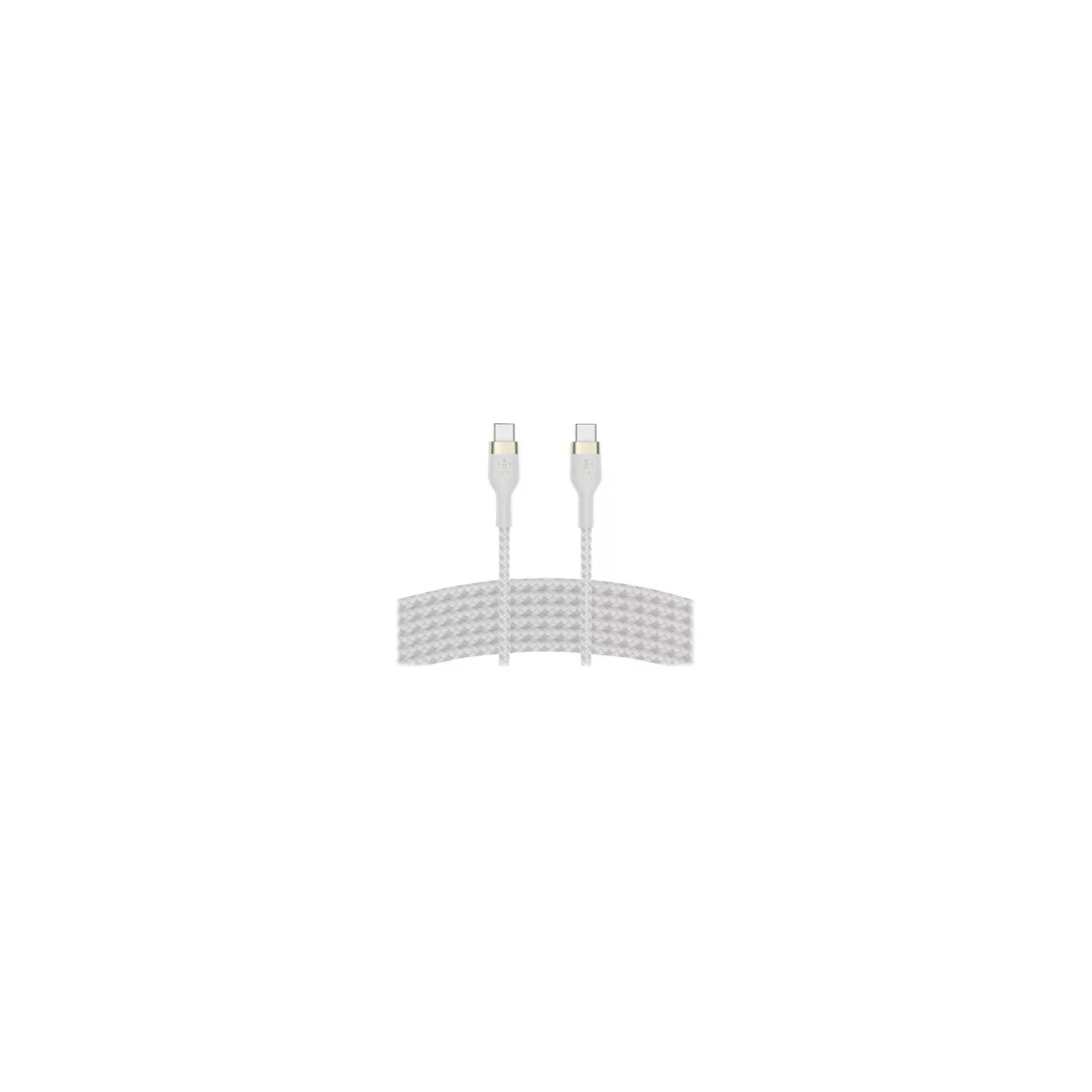 Ein weißes USB-C-Kabel mit geflochtener Textur und goldfarbenen Anschlüssen.
