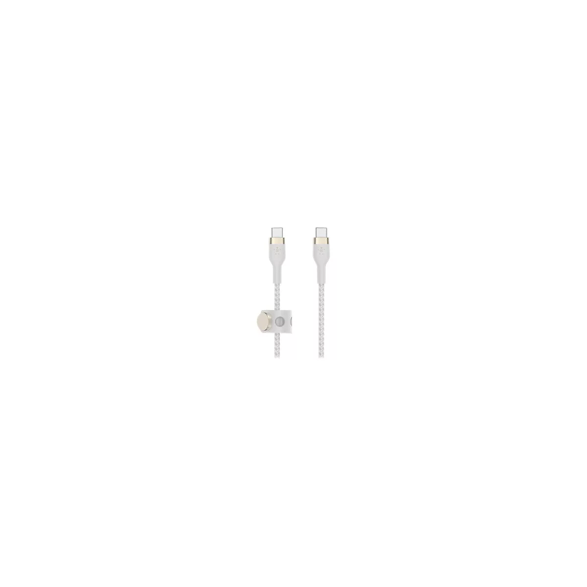 Zwei weiße Ladekabel mit USB-C-Anschlüssen. Kabel aus geflochtenem Stoff. Kleiner runder Magnet.