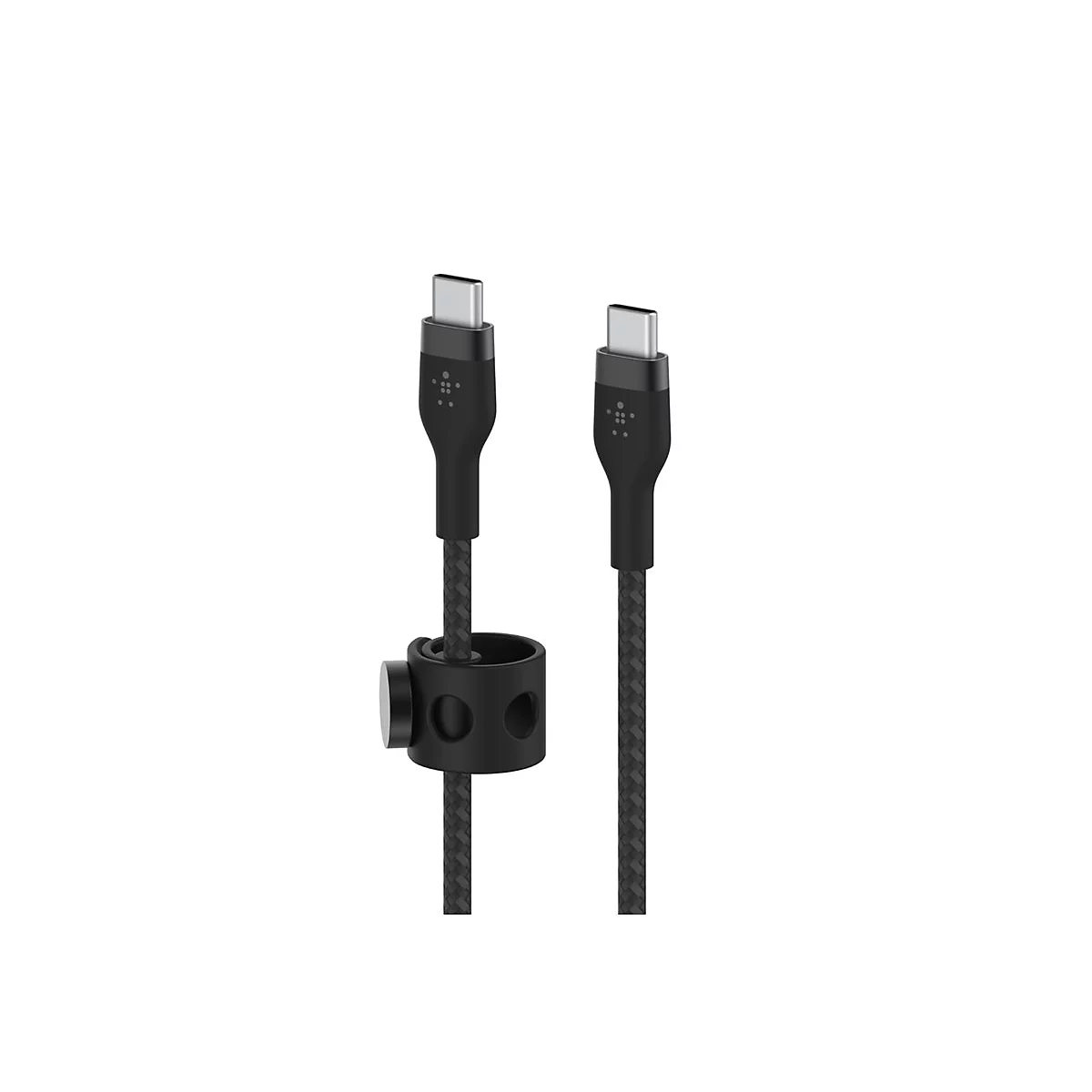 Zwei schwarze USB-C-Kabel mit Anschluss, geflochtenem Kabel und Kabelhalter.
