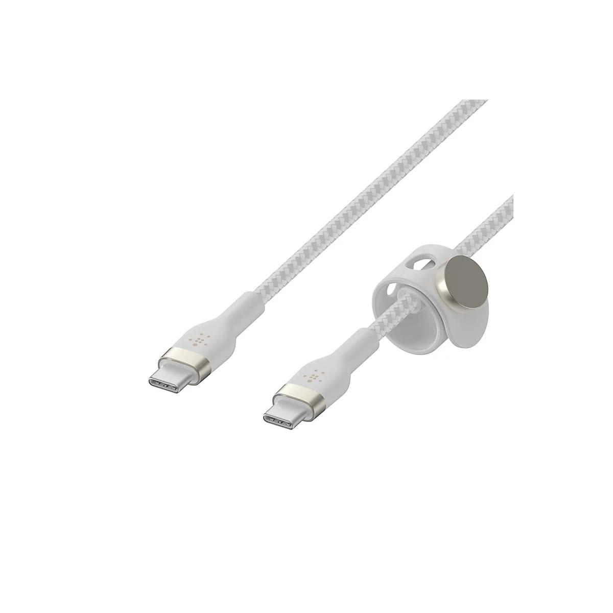 Weißes USB-C-Kabel mit geflochtener Struktur und magnetischer Halterung.
