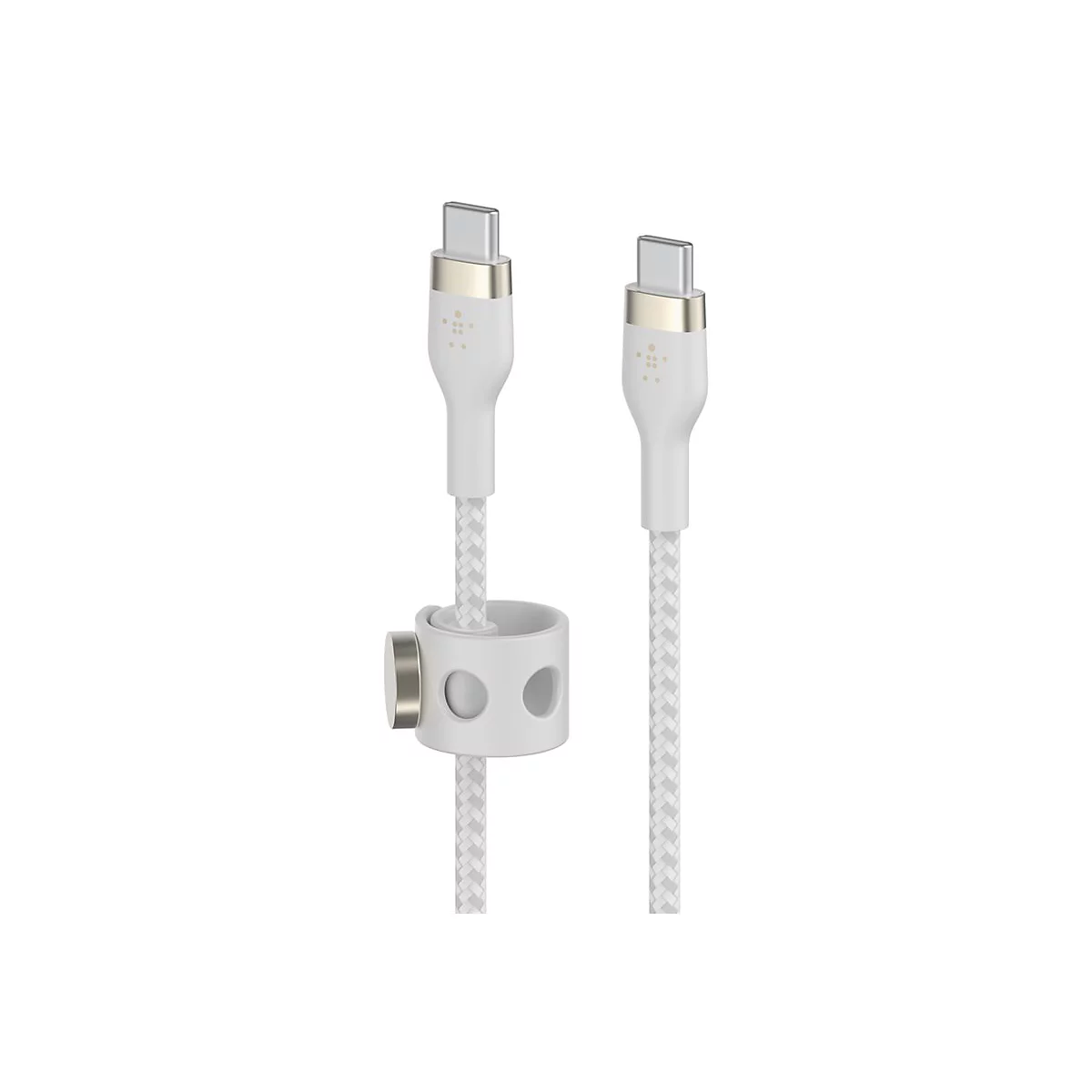 Zwei weiße USB-C-Kabel mit geflochtenen Kabeln und einem Halter auf weißem Hintergrund.