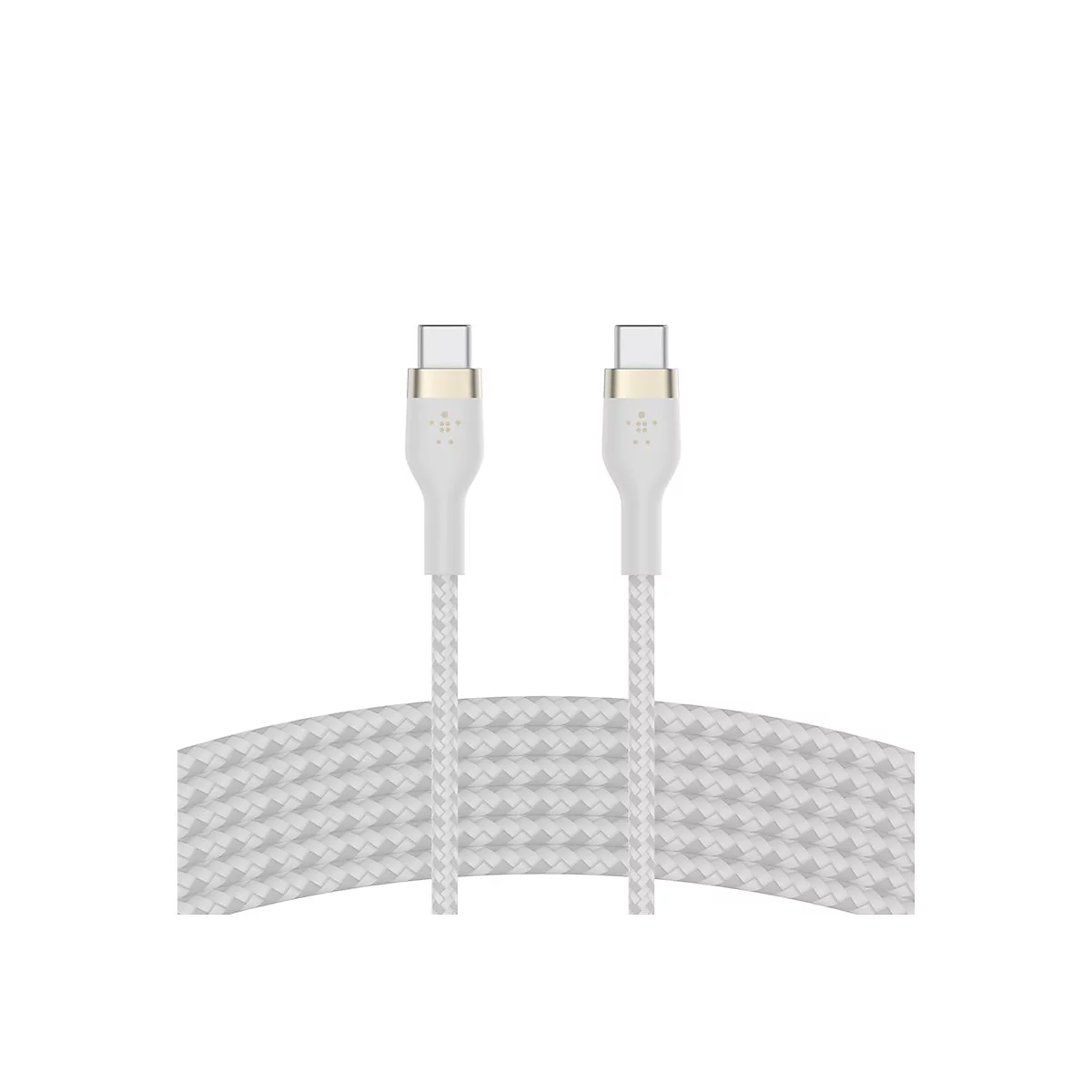 Zwei weiße USB-C-Kabel nebeneinander, mit goldfarbenen Anschlüssen und geflochtenen Kabeln, vor weißem Hintergrund.