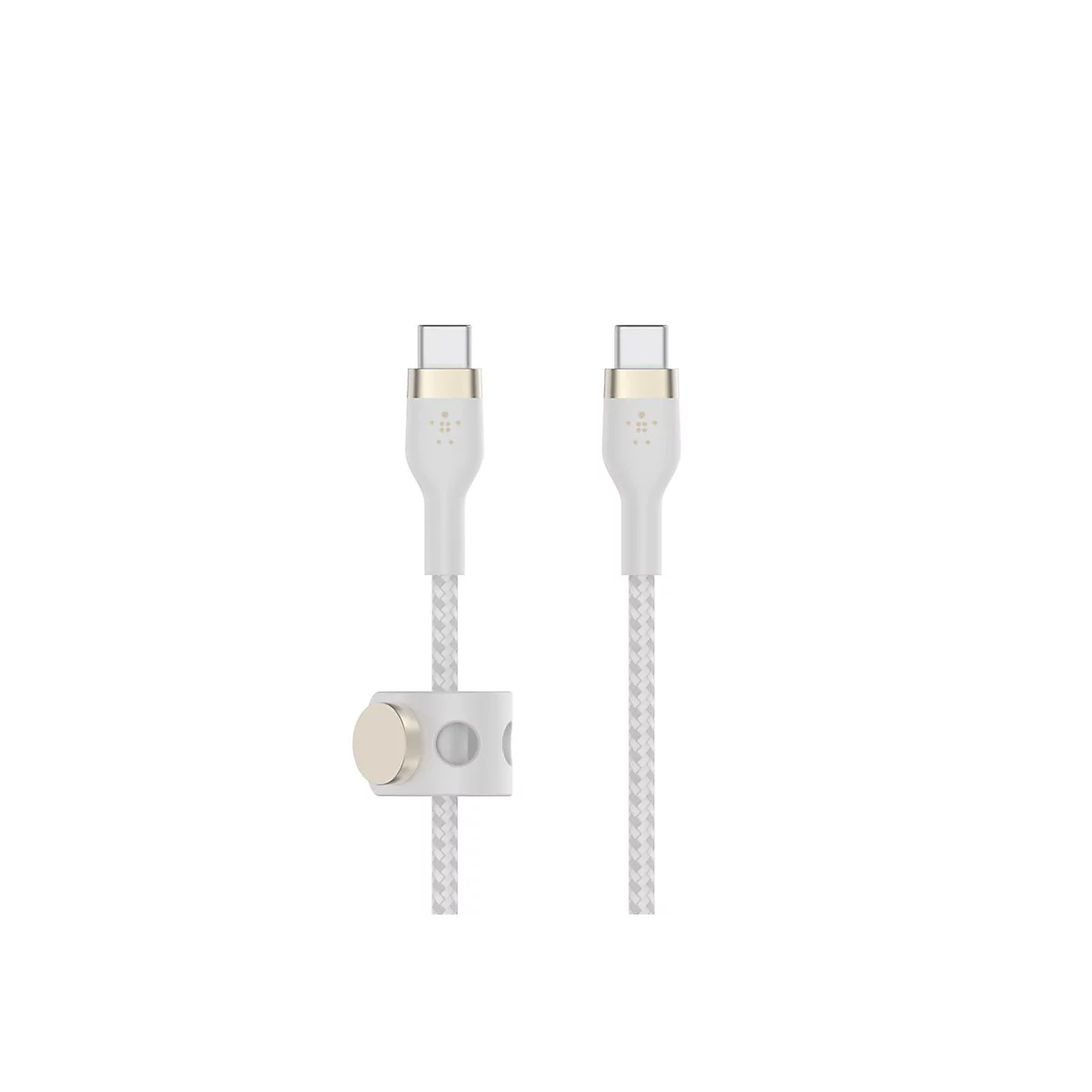 Zwei weiße USB-C-Kabel nebeneinander; geflochten, mit goldenen Steckern und einem magnetischen Kabelhalter.