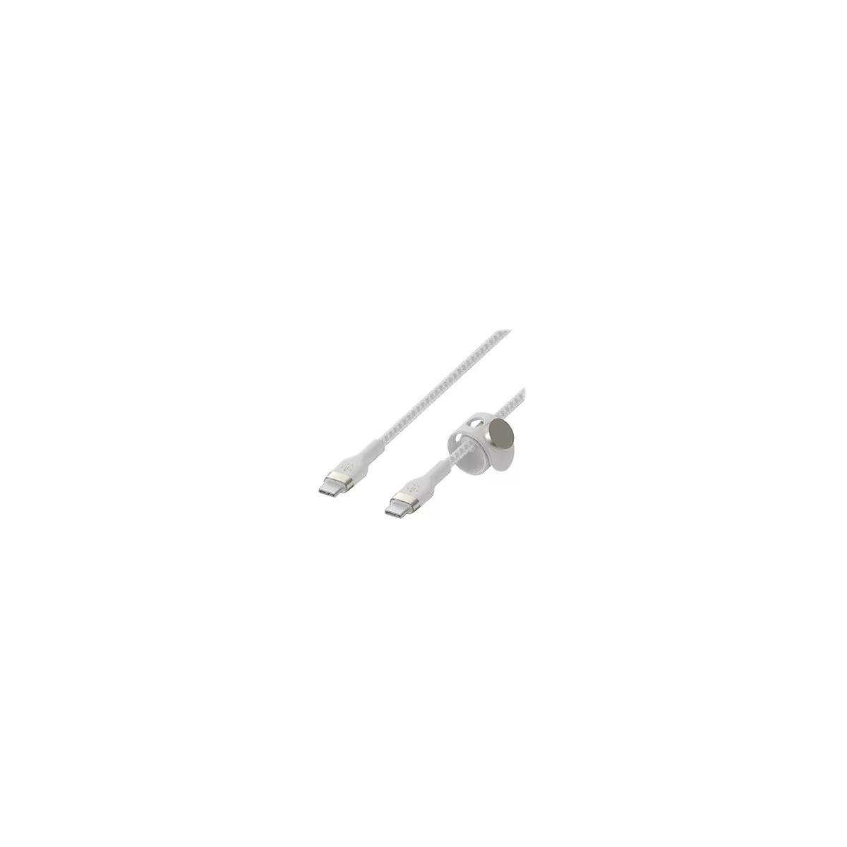 Weißes USB-C-Ladekabel mit magnetischer Halterung. Kabel mit Belkin-Logo.