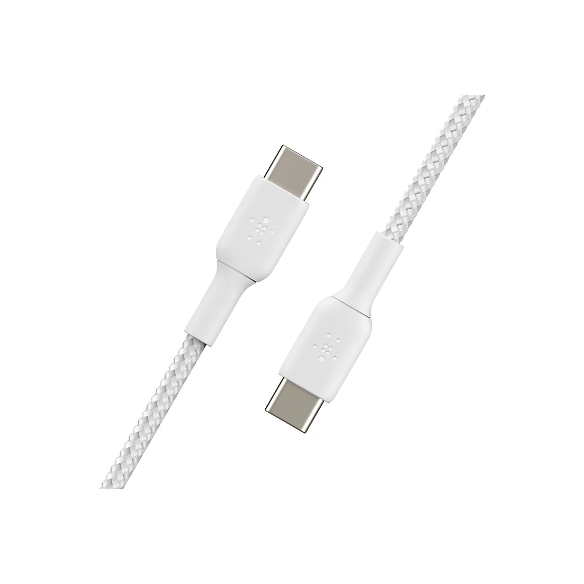 Zwei weiße USB-C-Kabel; Geflochtenes Design, auf weißem Hintergrund.