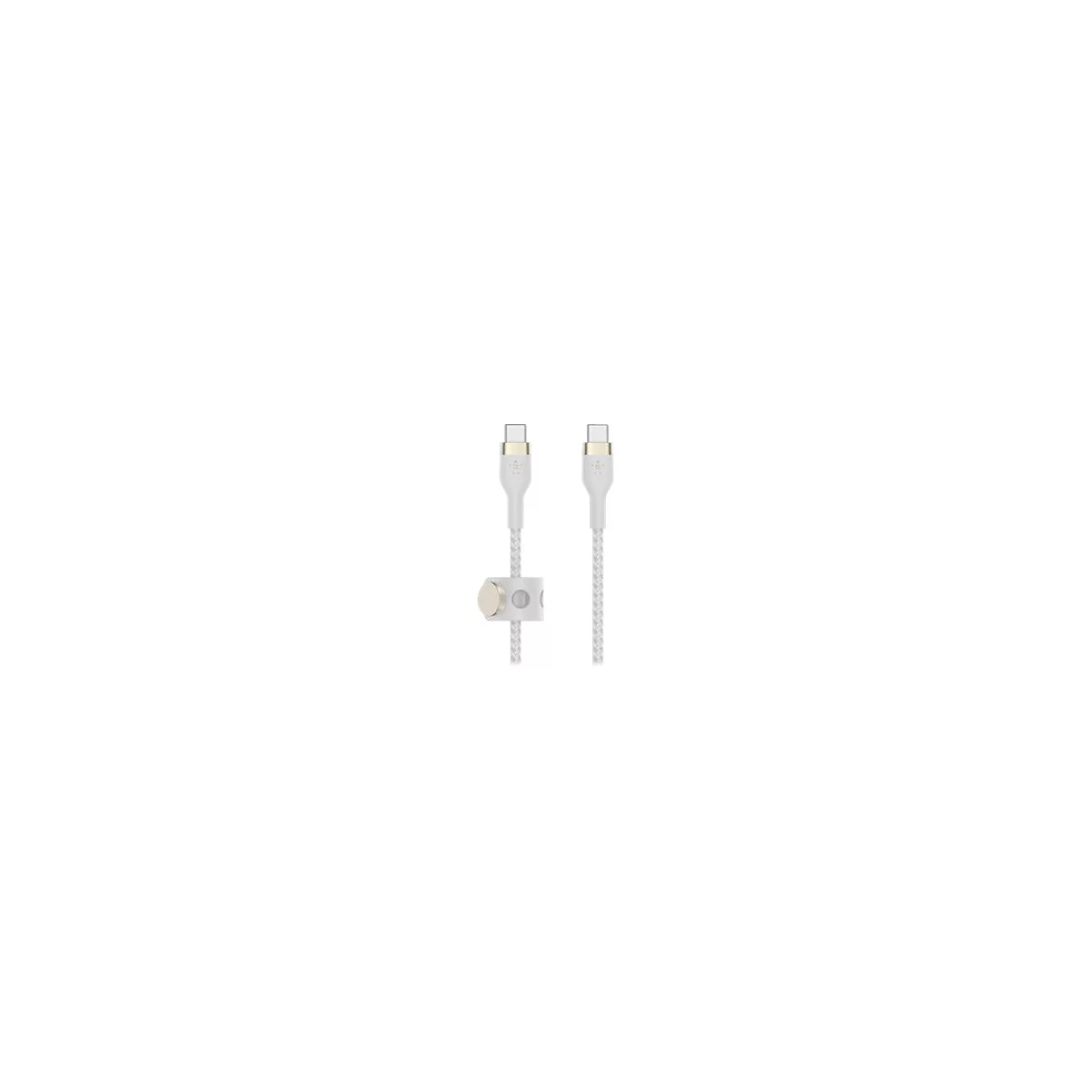 Zwei weiße USB-C-Kabel. Das eine mit einem goldfarbenen Anschluss, das andere mit einem grauen Verschluss, der die Kabel verbindet.