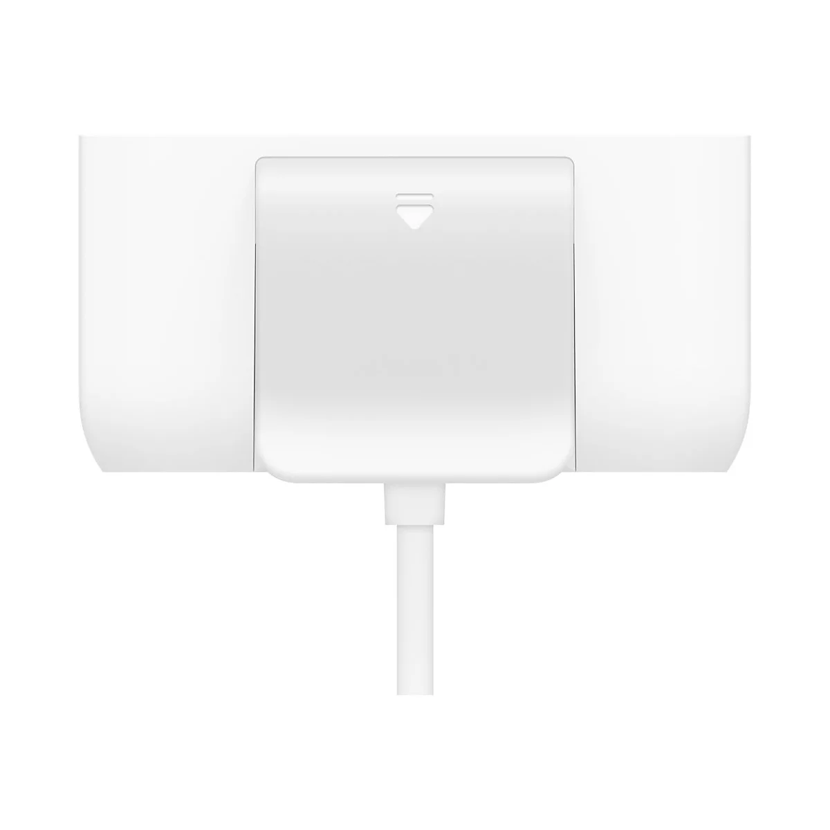 Gros plan d'un appareil électronique blanc. Au centre se trouve un panneau rectangulaire, légèrement surélevé, avec un renfoncement en haut. Un câble est en bas.