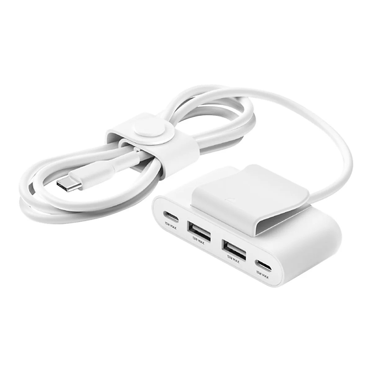 Chargeur USB blanc avec câble, connexion Type-C et trois ports USB.