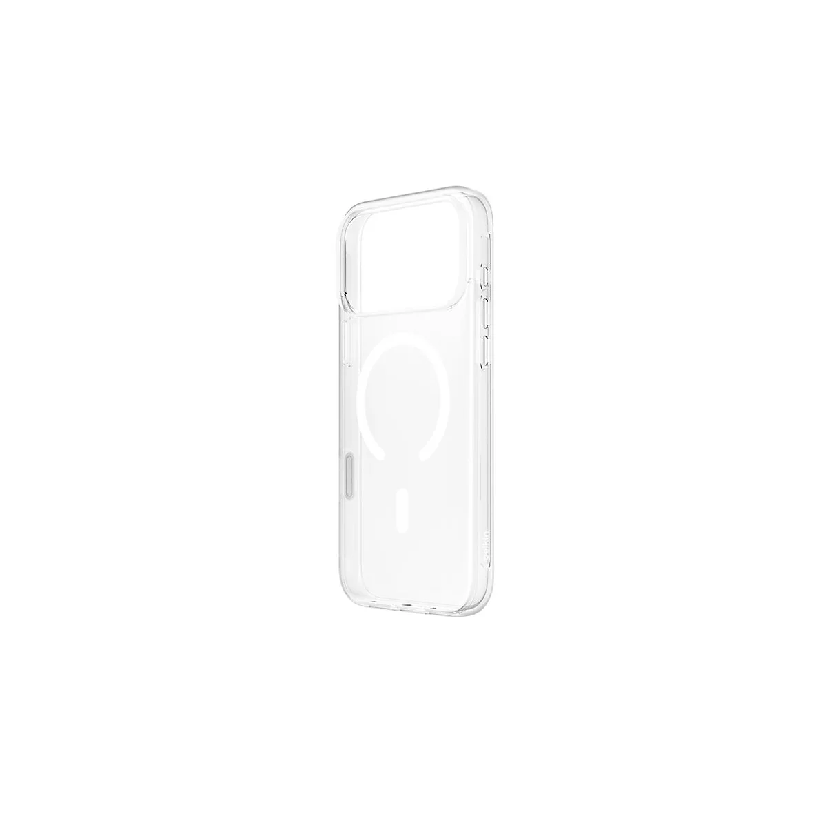 Coque de téléphone transparente, avec fonction MagSafe, sur fond blanc.