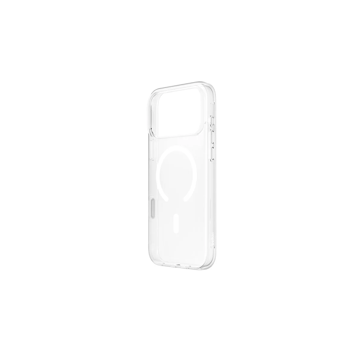Coque de téléphone transparente avec fonction MagSafe sur fond blanc. Le nom du fabricant est visible en bas à droite.