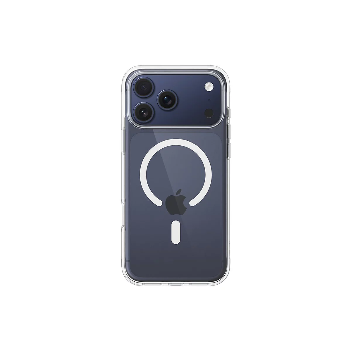 Un iPhone dans une coque transparente, avec un marquage blanc en forme d'anneau et le logo Apple.