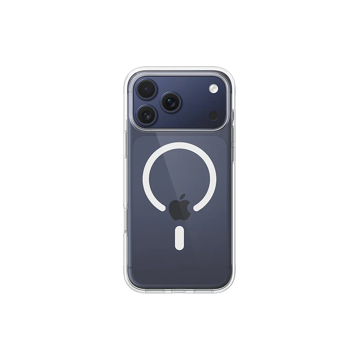 Coque transparente pour iPhone avec logo Apple et caméras sur fond blanc.