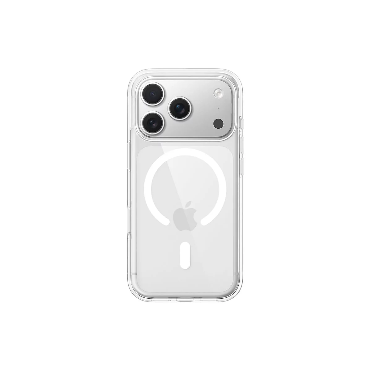 Coque de téléphone transparente avec anneau MagSafe intégré et logo Apple, sur fond blanc.