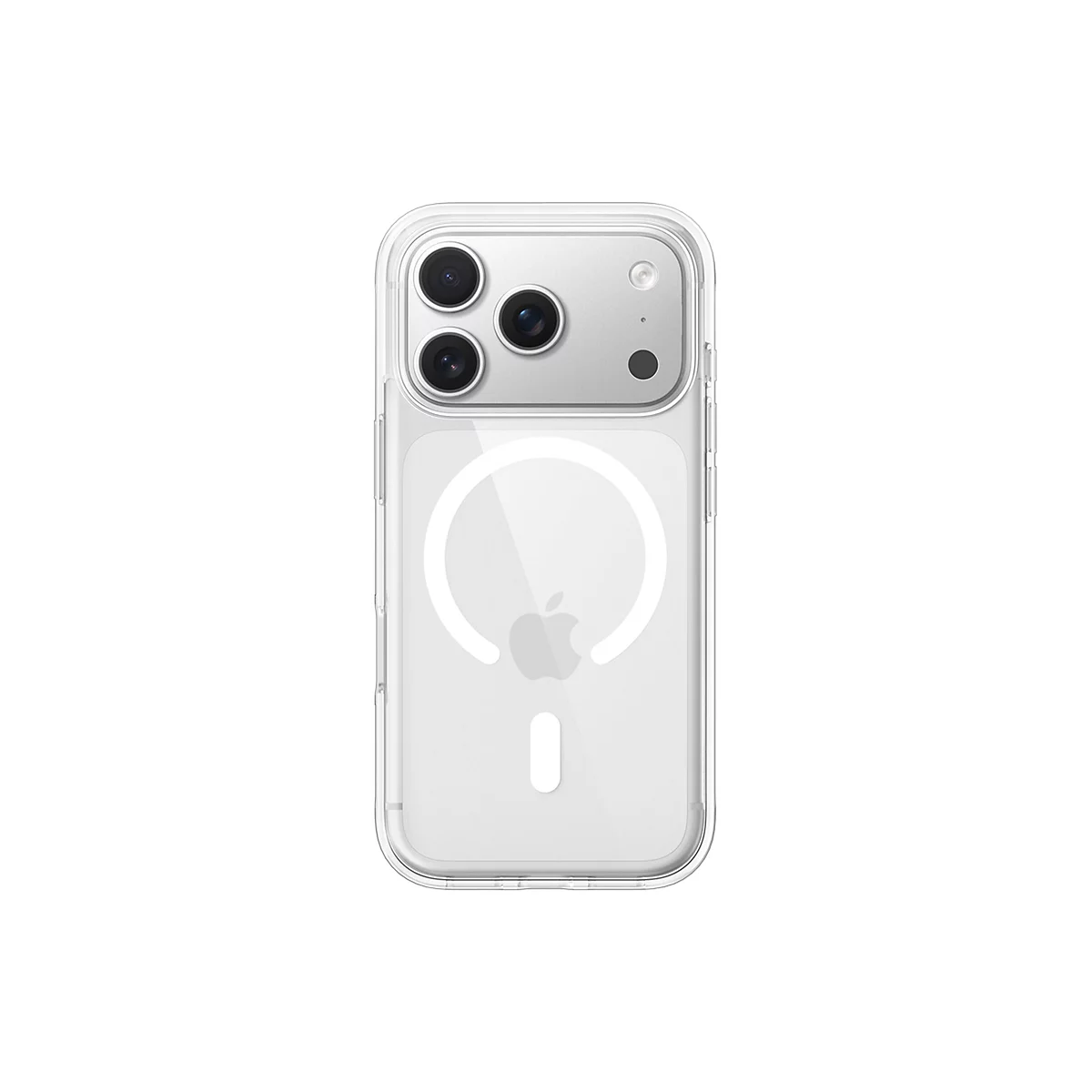 Coque transparente pour iPhone, vue arrière, avec découpe pour caméra et cercle de chargement magnétique.