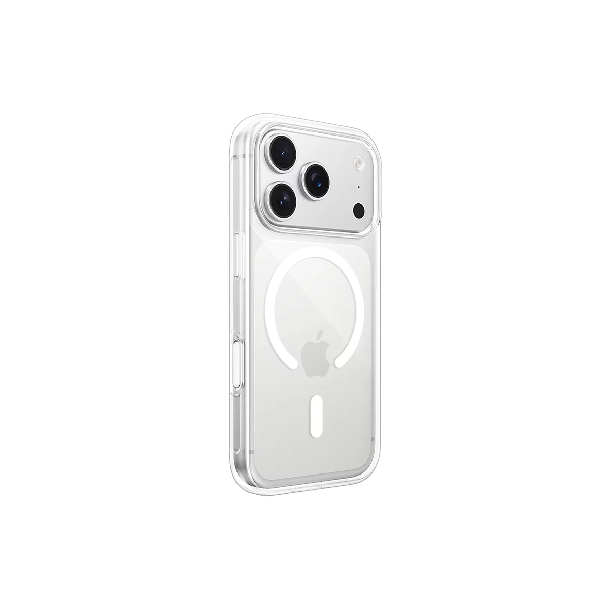 Coque de téléphone transparente avec découpes pour appareil photo et logo Apple, sur fond blanc.