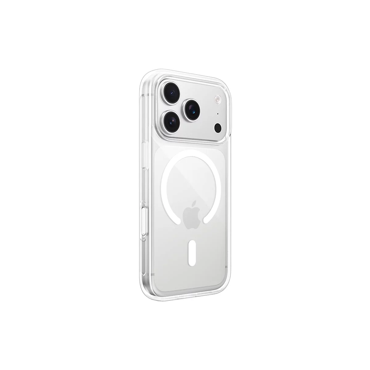 Coque transparente pour iPhone avec logo Apple et cercle MagSafe. Plusieurs lentilles de caméra sont visibles.