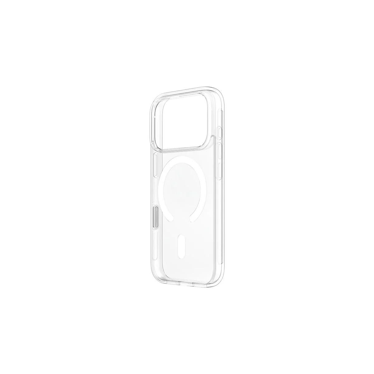 Coque de téléphone transparente avec fonction MagSafe, prise de vue détaillée sur fond blanc.