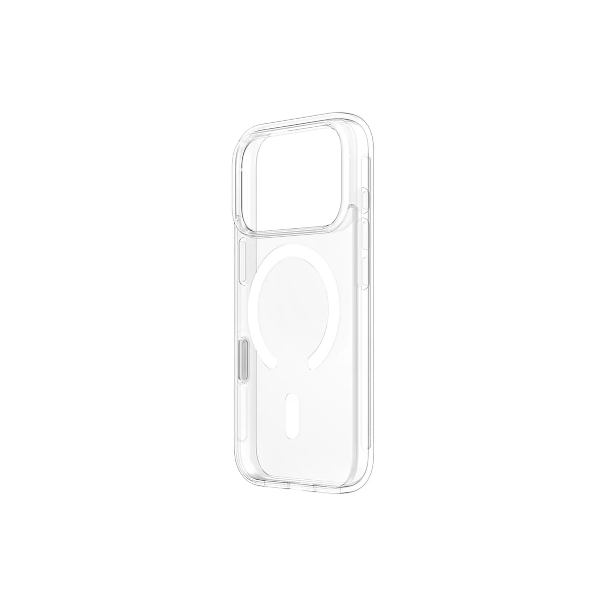 Coque de téléphone transparente avec fonction MagSafe, détaillée sur fond blanc.