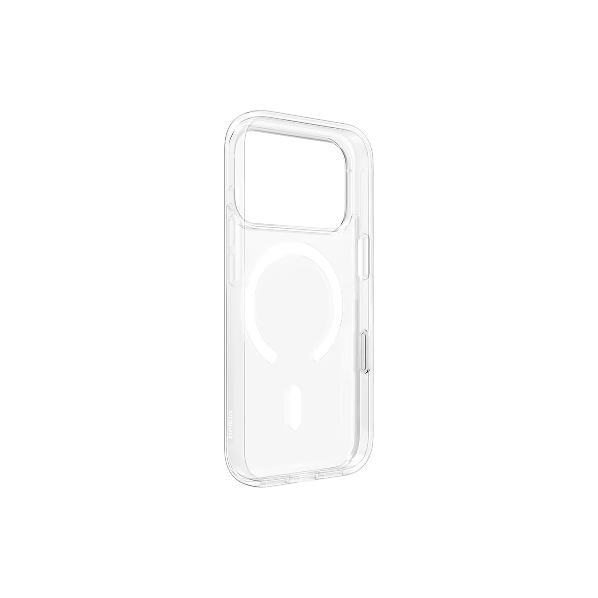 Coque de téléphone transparente avec fonction MagSafe, présentée sur fond blanc.