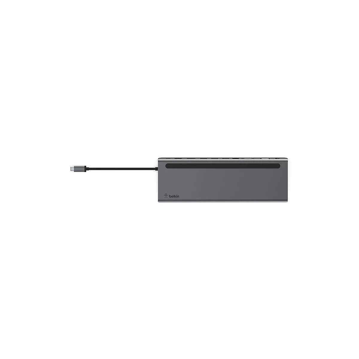 Grauer USB-C-Hub von Belkin, mit Kabel, vor weißem Hintergrund.