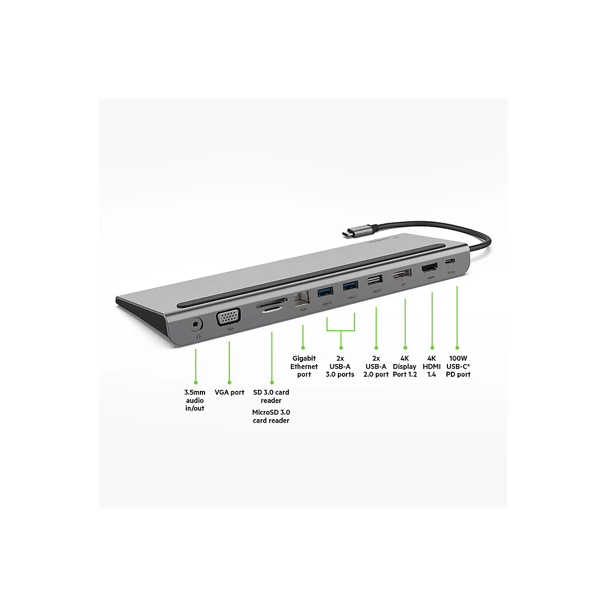 Silberne USB-C-Dockingstation, die verschiedene Anschlüsse bietet: USB-A, HDMI, VGA, Ethernet und Audio.