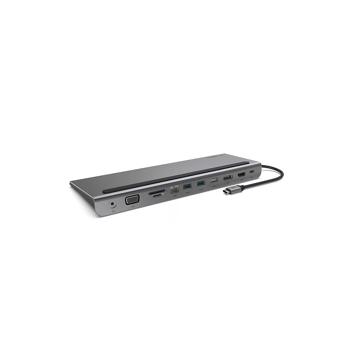 Grauer Belkin USB-C-Hub auf weißem Hintergrund mit verschiedenen Anschlüssen und Kabel.