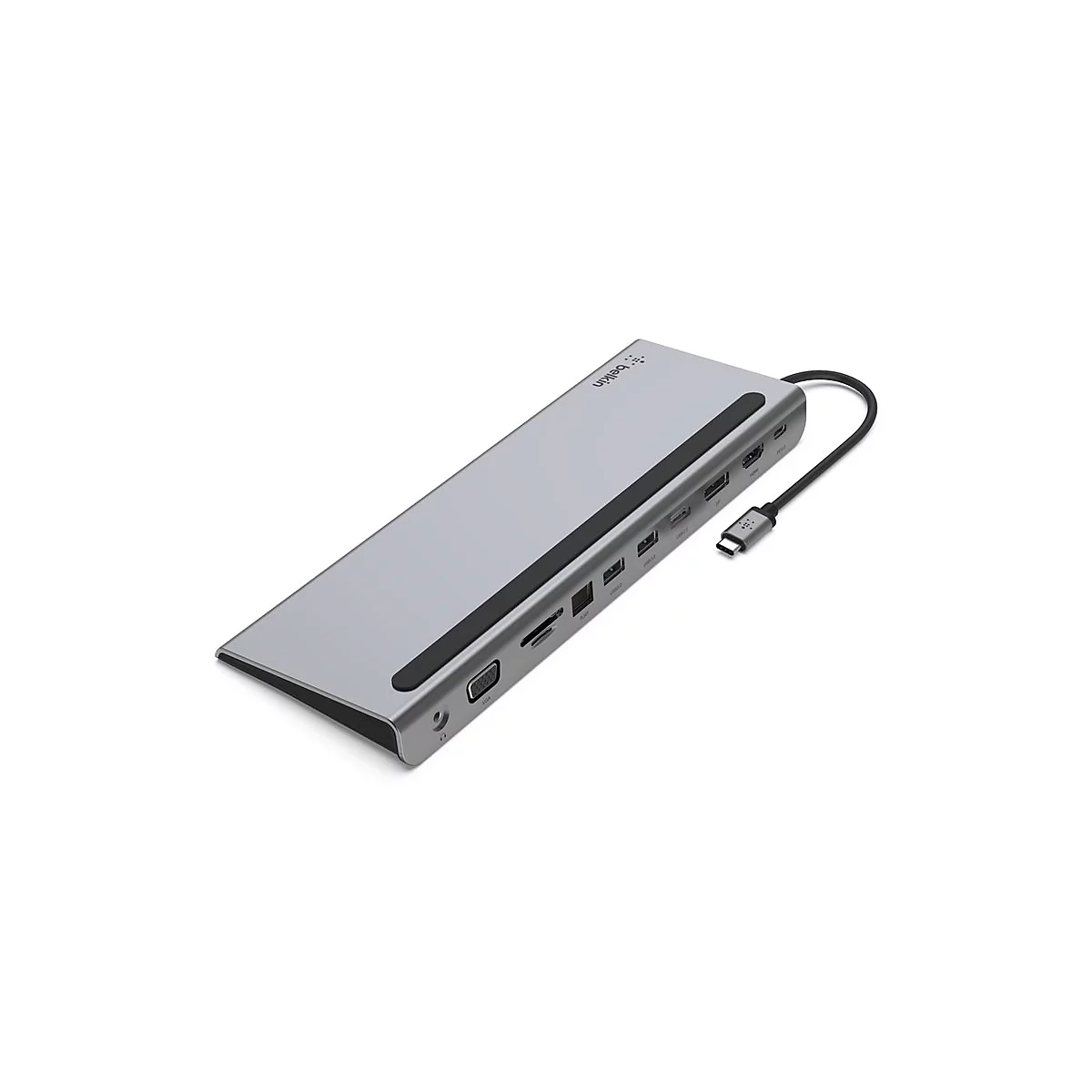 Graues Belkin USB-C Docking-Modul, schwarzer Akzentstreifen, viele Anschlüsse, Kabel mit USB-C-Stecker.
