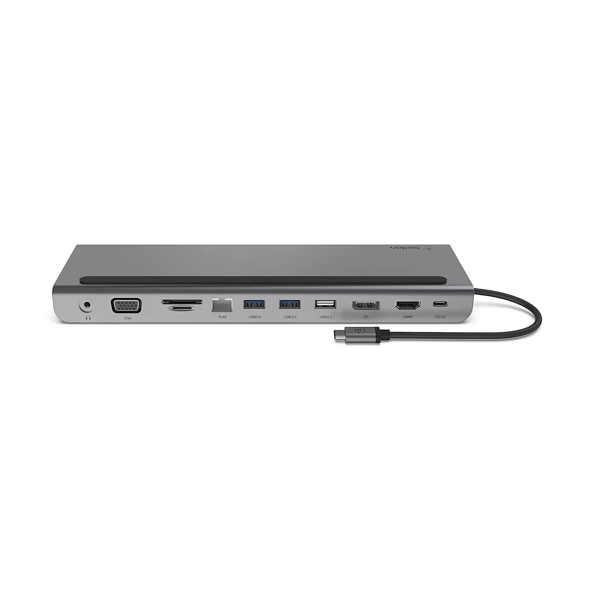 Hub USB-C gris avec divers ports comme HDMI et USB. Un câble est connecté.