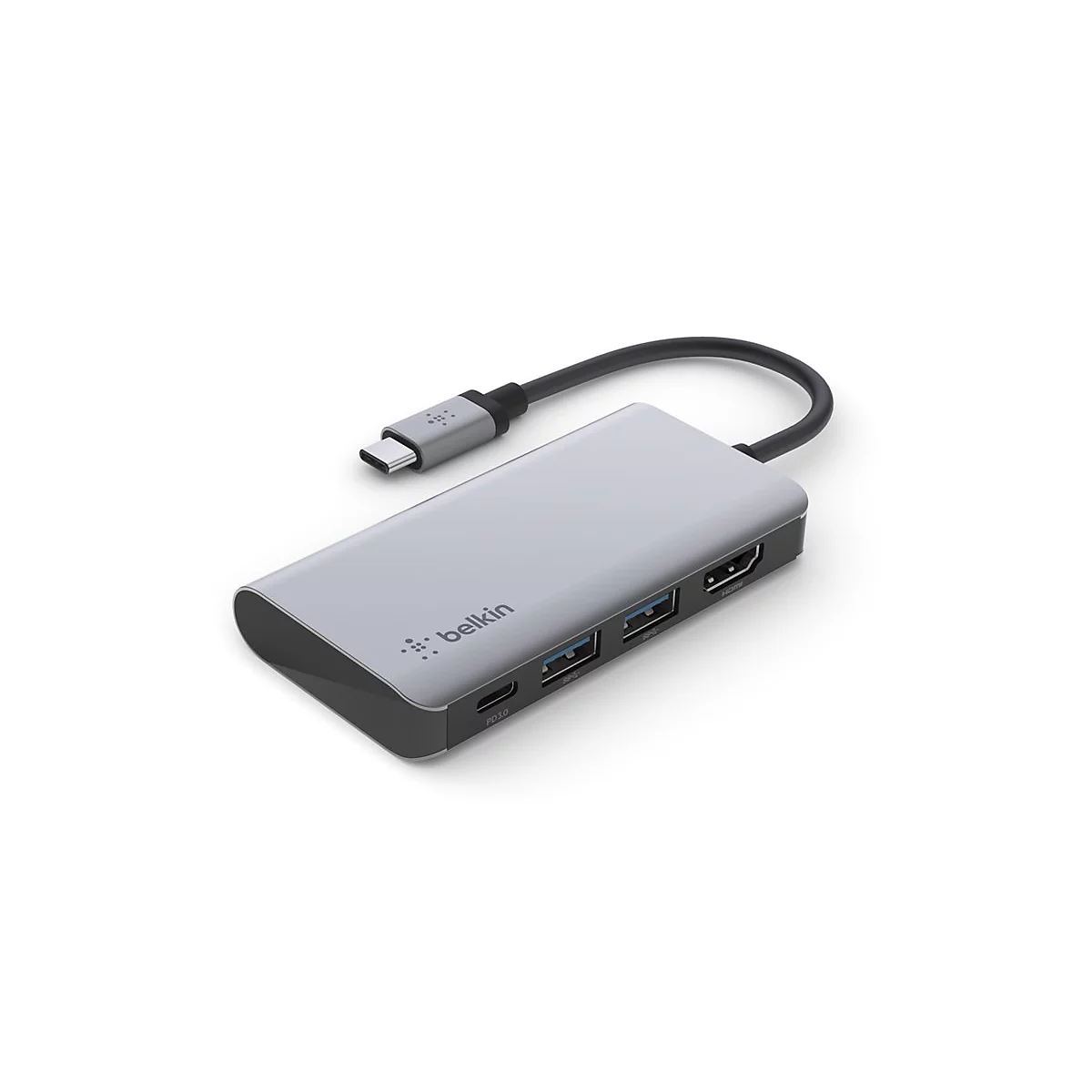 Hub USB-C Belkin gris relié à un connecteur USB-C. On y voit des ports tels que HDMI et USB.