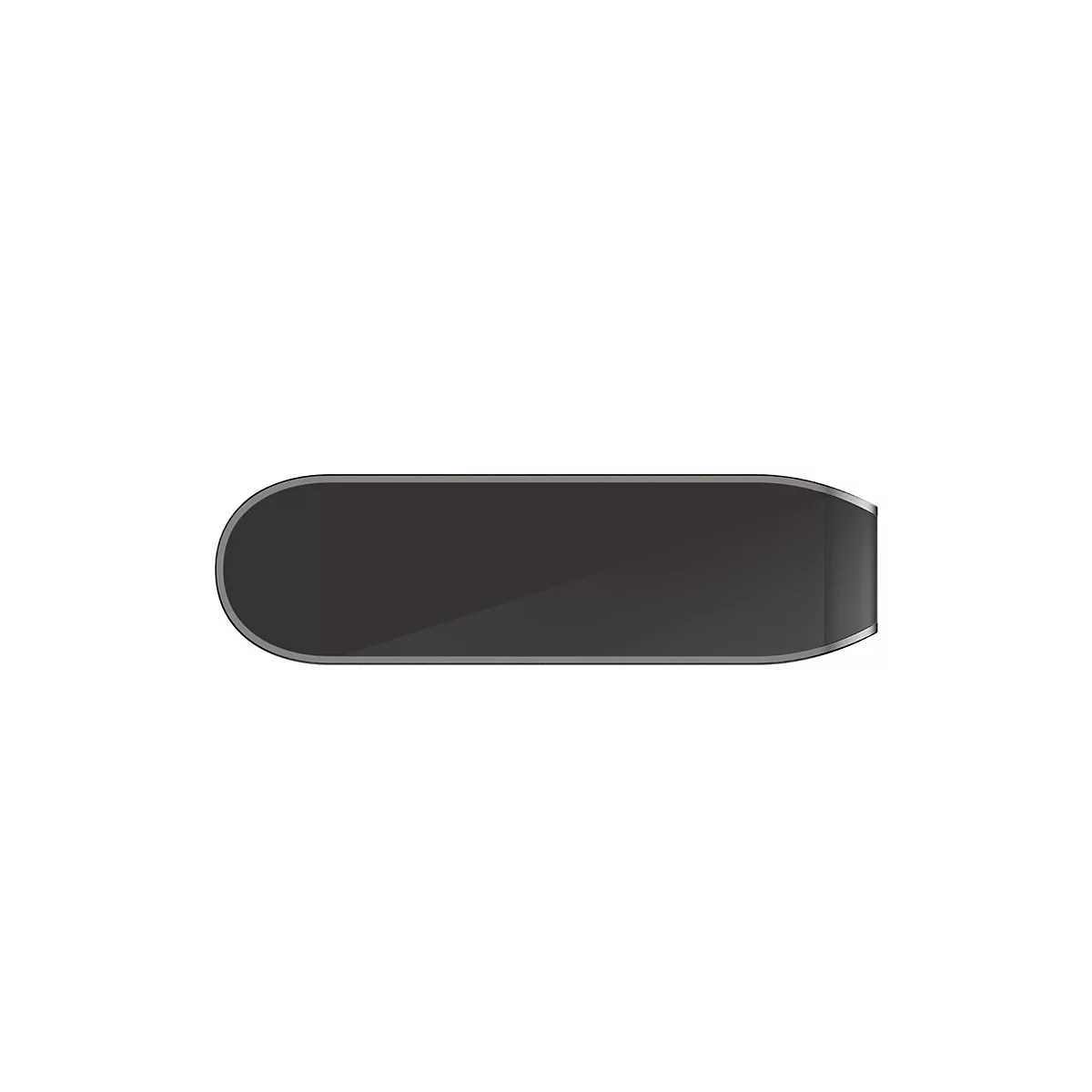 Objet rectangulaire noir avec coins arrondis, cadre argenté et surface brillante.