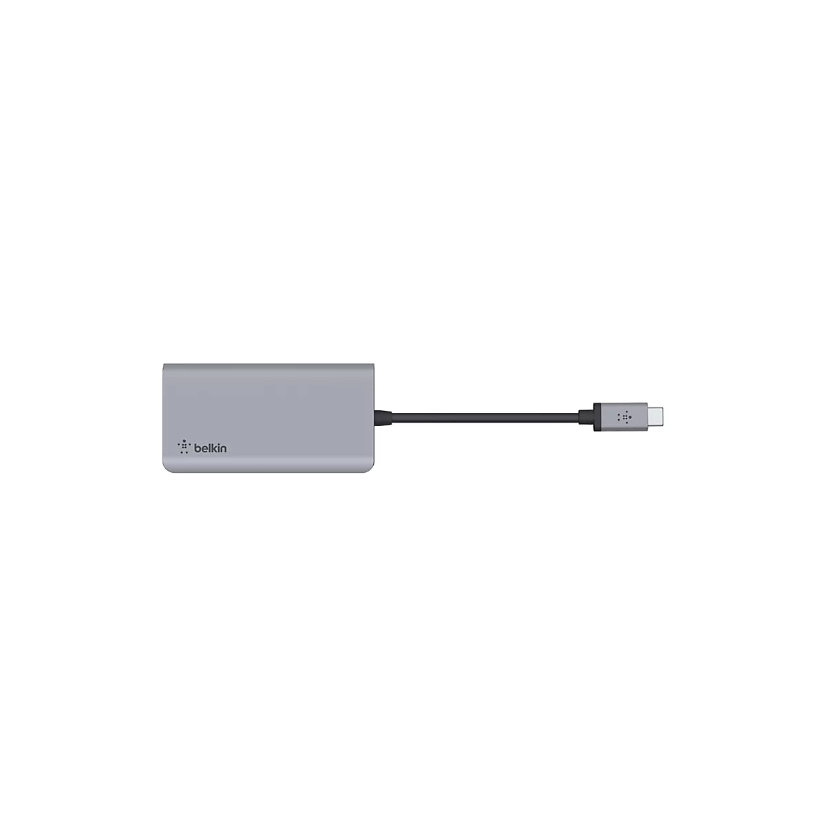 Hub USB-C gris avec câble et connecteur. Le hub porte la marque Belkin.