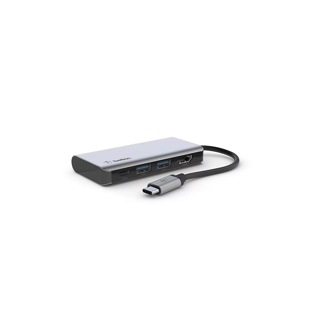 Hub USB-C Belkin gris avec différents ports et un câble noir, sur fond blanc.