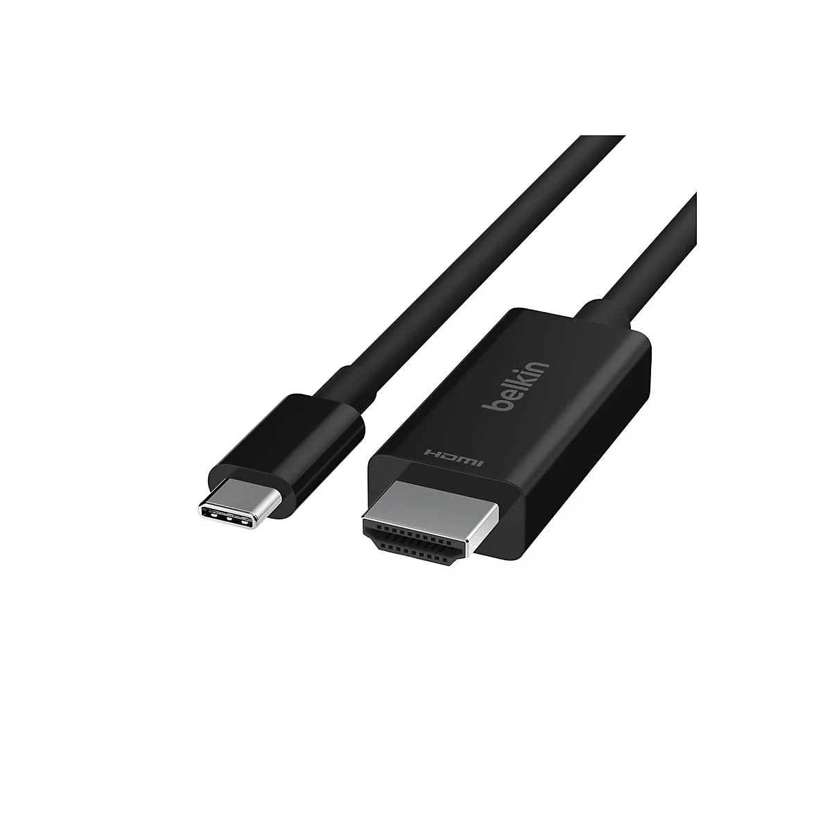 Schwarzes Belkin-HDMI-Kabel. Auf dem Stecker steht HDMI und Belkin. USB-C-Anschluss links.