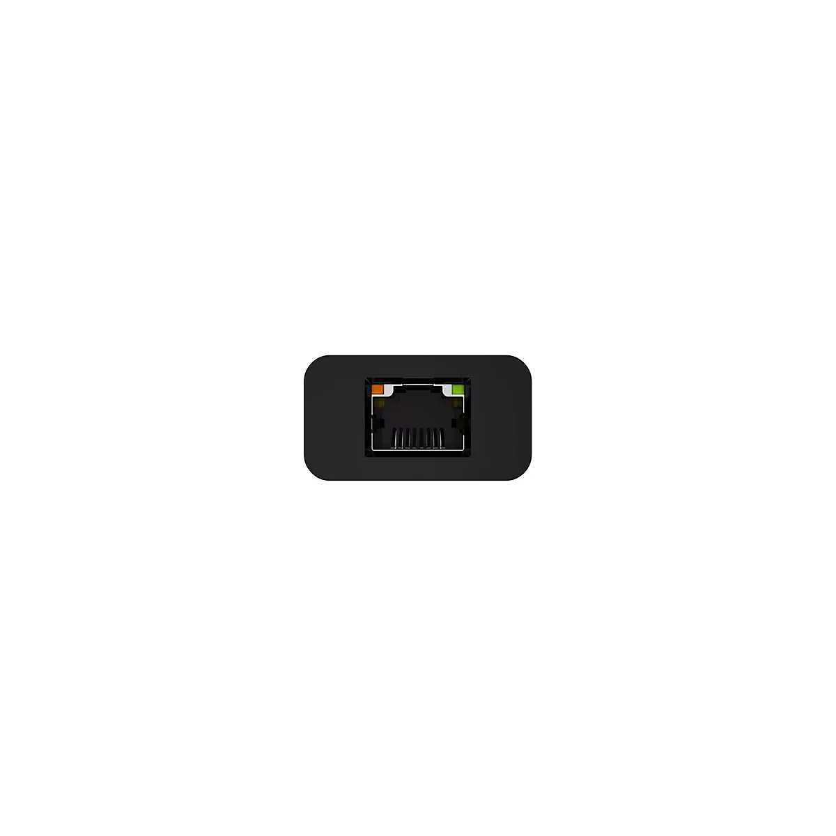 Nahaufnahme eines schwarzen Geräts mit einem Ethernet-Anschluss; orange und grüne LEDs.