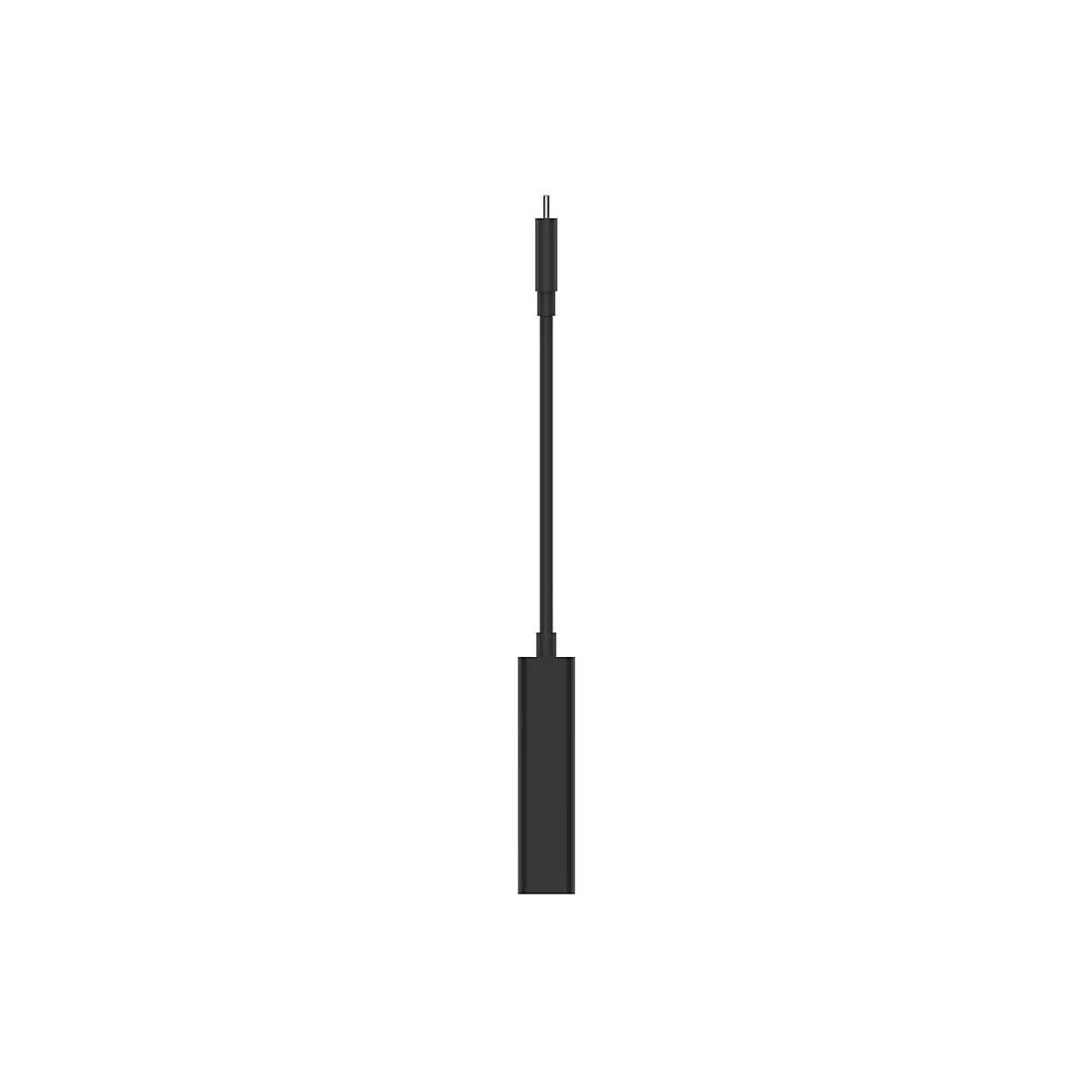 Schwarzes USB-C-Kabel, senkrecht vor weißem Hintergrund. Stecker oben, länglicher Stecker unten.