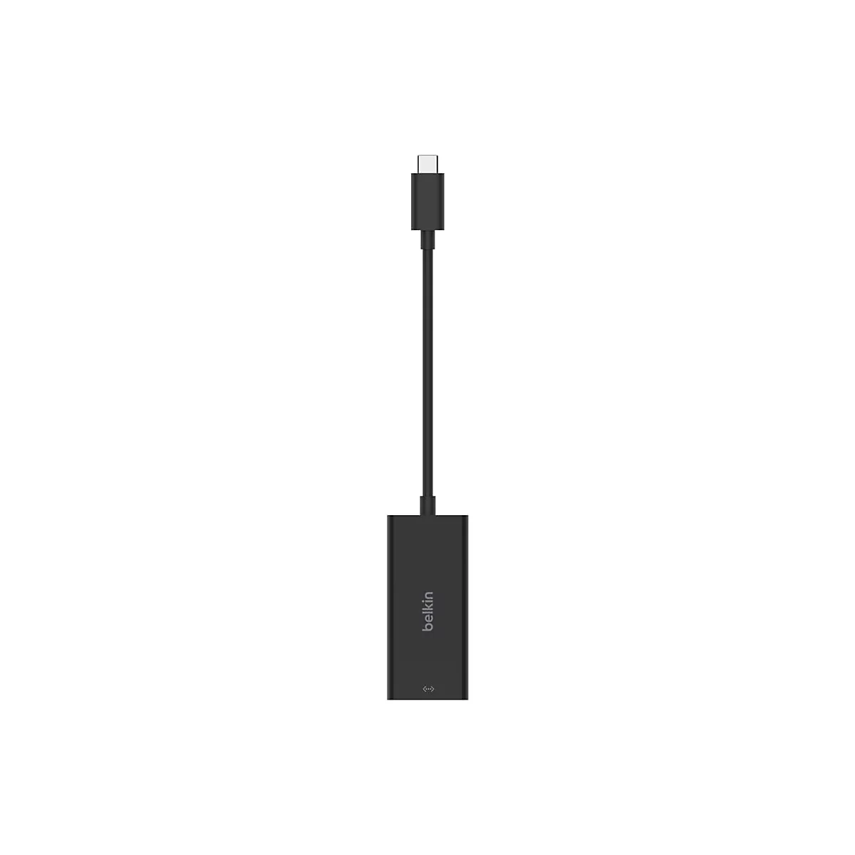 Schwarzes USB-C-Adapterkabel, Belkin-Logo. Stecker und Adaptergehäuse sind schwarz, Kabel ist ebenfalls schwarz.