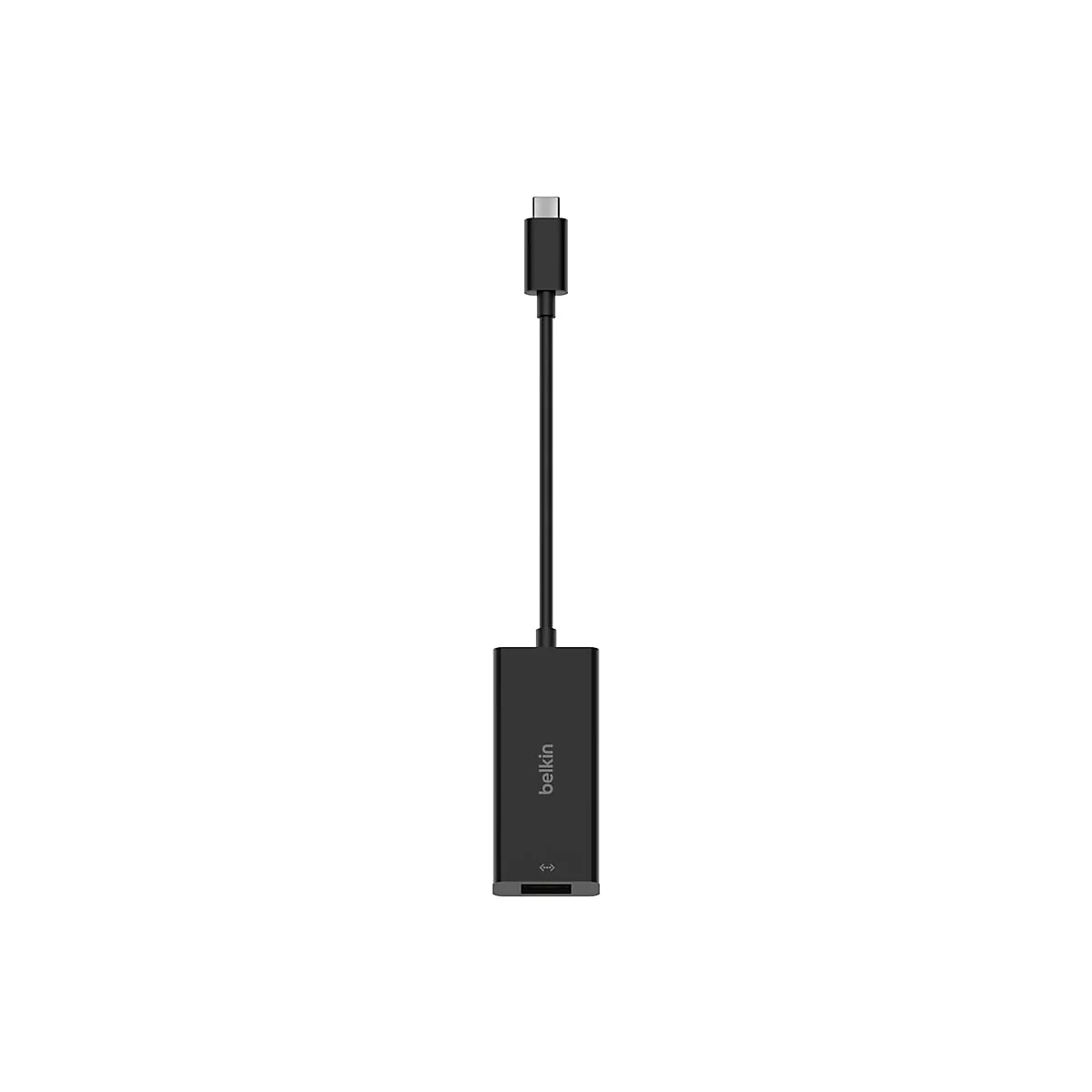 Ein schwarzer USB-C-Adapter von Belkin mit einem schwarzen Kabel, das einen weiteren USB-C-Anschluss verbindet.