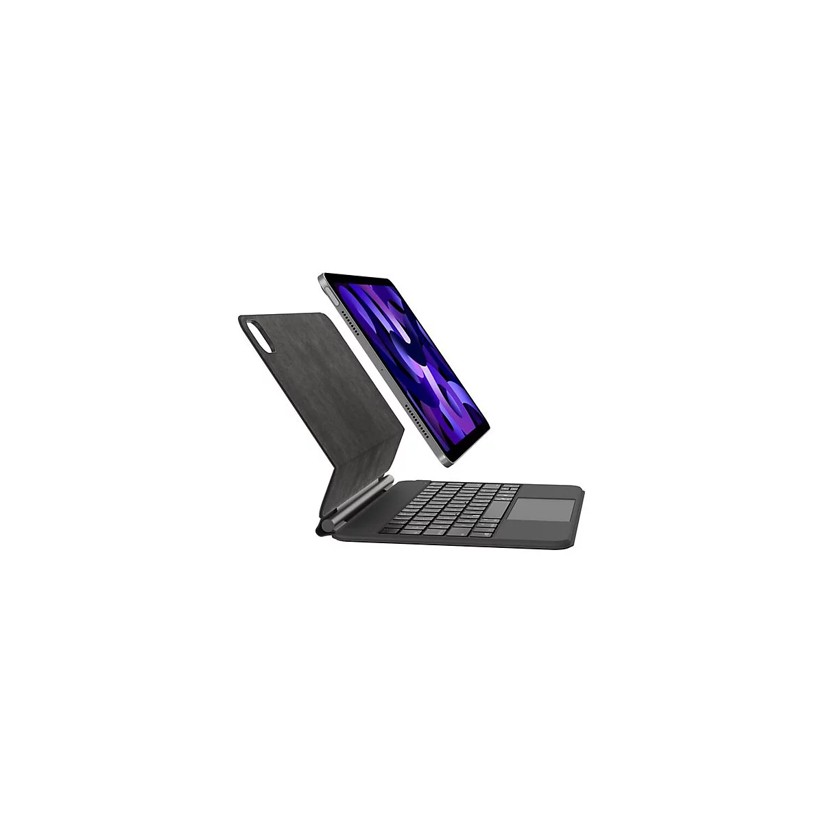 Ein schwebendes iPad Air mit einer dunklen Tastatur und einem grau-schwarzen Cover auf weißem Hintergrund.